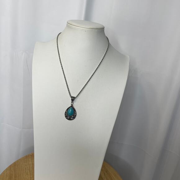silver tone pendant necklace with turquoise blue colored stone western boho - Picture 4 of 8